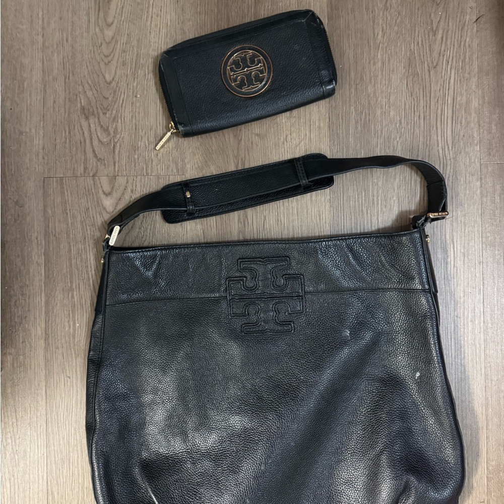 Black Leather Shoulder Bag and Wallet Set
